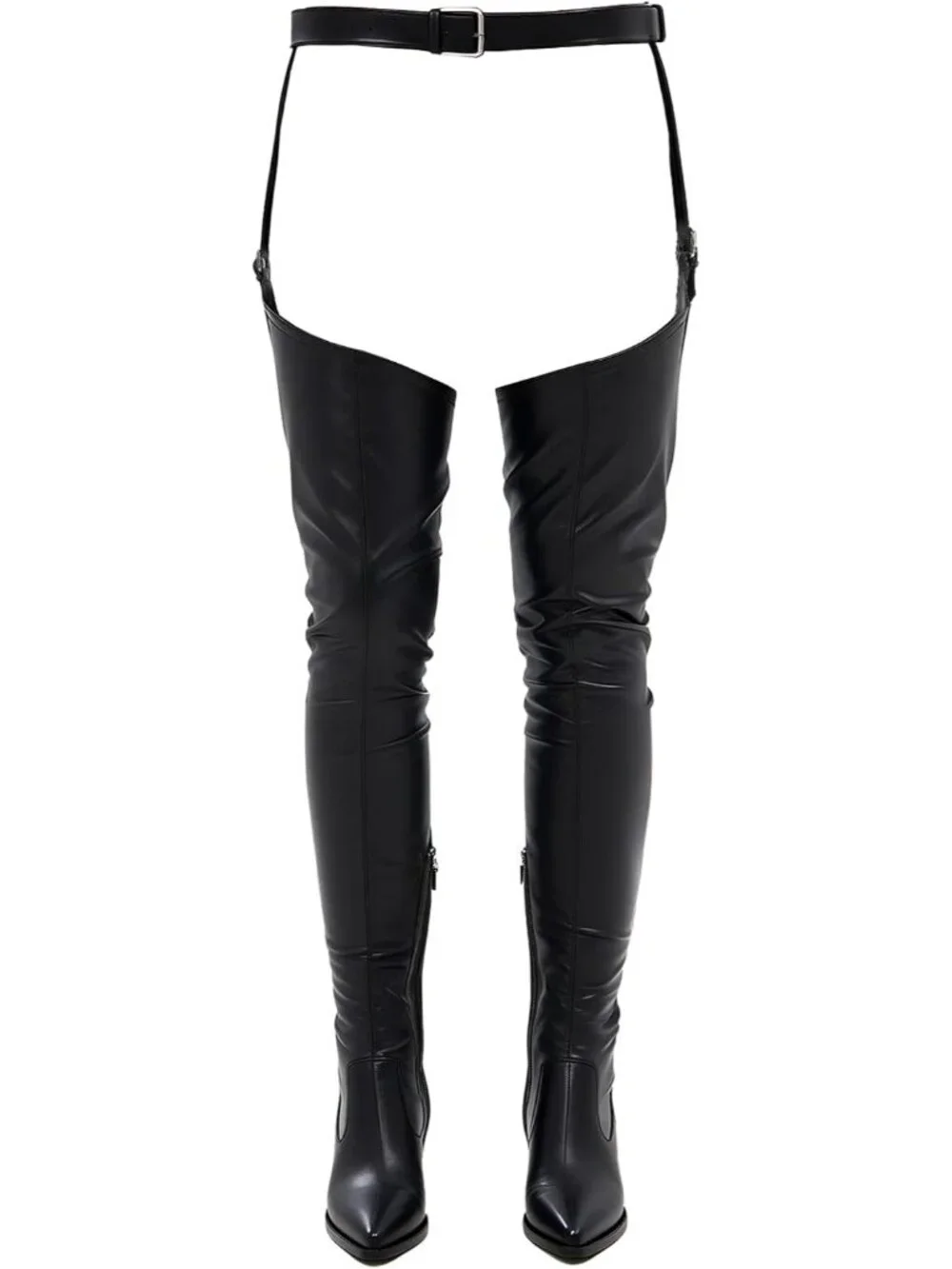 Women Black Pu Pointed Toe Belted Faux Suede Side Zipper Over The Knee High Boot